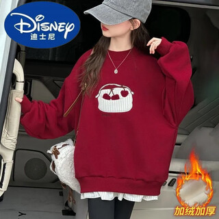 迪士尼女童卫衣加绒加厚秋冬新款洋气小女孩圆领打底衫上衣休闲运动衣服 酒红色 160 适合150cm70-80斤