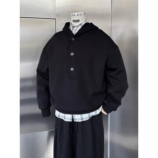 Vimadtly retro 350g air layer henley collar loose hooded sweatshirt men black s