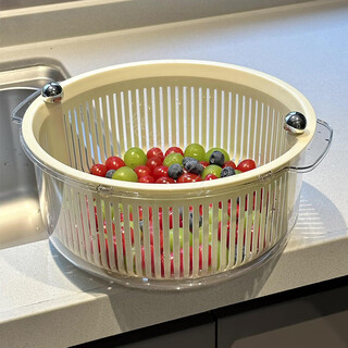 Magic dou shenghuo's new double-layer vegetable washing basket, fruit and vegetable drain basket, kitchen sink, fruit and vegetable drain basket, rotating large size, high appearance, off-white color *high quality and quick release