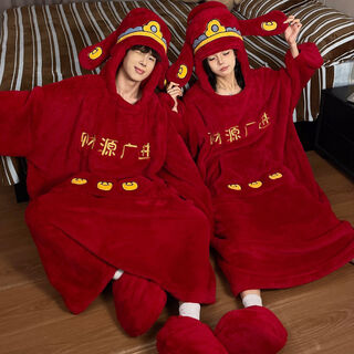 Mengdong coral velvet couple one-piece nightgown autumn and winter funny red god of wealth festive thickened warm men's and women's home clothes 81328 red caiyuan guangjin (one piece) l women's code (95-115 jin jin is equal to 0.5 kg)
