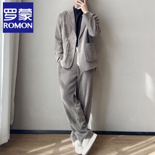 Romon hong kong style light familiar corduroy drape suit suit men's jacket casual loose striped high-end two-piece suit gray 2xl
