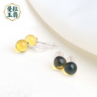Manla jade natural blue amber earrings women's s925 silver inlaid amber beeswax ball bead earrings blue amber earrings