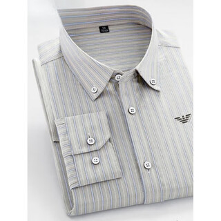 AX阿玛尼条纹长袖衬衫男士纯·棉免烫寸衫春秋新款休闲衬衣 卡其2118【长·袖】 M 170【100-130斤】