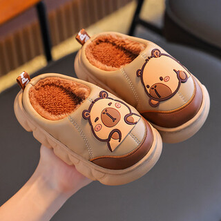 Children's cotton shoes capibara winter cotton slippers for boys and girls cartoon home outdoor parent-child protection light coffee slippers 24 cm inner length
