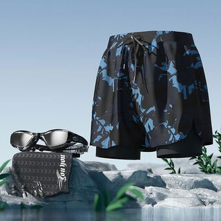 Swimming trunks, men's swimming cap and goggles three-piece set, anti-embarrassment style, beach trunks, hot spring bathing suit, complete set of equipment, black special offer + swimming cap + swimming goggles, free nose clip and earplugs l l recommended 90-110jin jin is equal to 0.5 kg