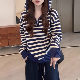 Ceeniu striped hooded long-sleeved sweater women's 2025 autumn large size fat mm half-zip sweater hoodie slimming top blue this year's popular/super popular for age reduction m recommended 90-100jin jin equals 0.5 kg