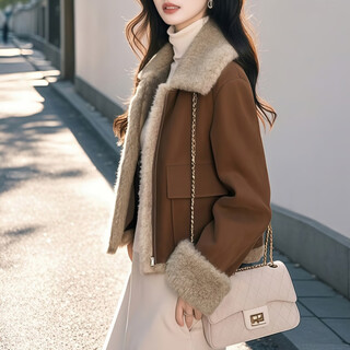 Fabric story luofen flagship store women's fashionable and stylish maillard color eco-friendly fur all-in-one short thickened jacket winter brown l