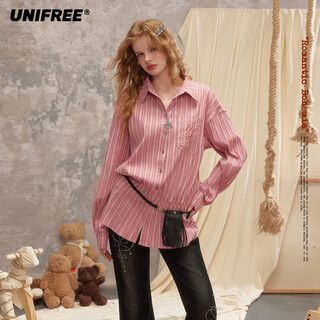 Unifree exquisite long sleeve shirt women's 2025 autumn new striped waist irregular commuting style top pink m