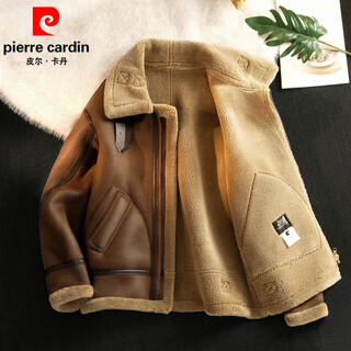 Pierre cardin fur one-piece plus velvet retro leather jacket for men and women autumn and winter lapel lamb velvet cotton coat thickened motorcycle leather jacket brown s