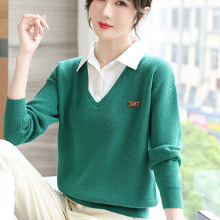 Fake two-piece women's sweater autumn 2025 new women's long-sleeved shirt shirt collar bottoming shirt foreign style top 1223 green one size