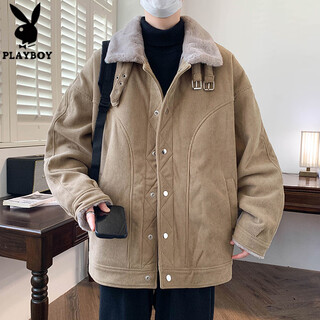 Playboy (playboy) parka coat men's autumn and winter new style cotton coat plus velvet high-end handsome casual jacket imitation rabbit fur cotton coat light brown xl about 125-145jin jin is equal to 0.5 kg