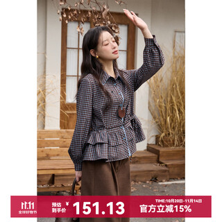 Mystery show retro blue pattern shirt autumn 2025 winter double lapel lantern sleeves ruffled hem blue blue pattern s