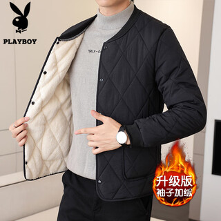 Playboy (playboy) lined cotton jacket men's autumn and winter warm cotton jacket with velvet for junior and high school uniforms magic inner cotton jacket black xl 120-140jin jin is equal to 0.5 kg
