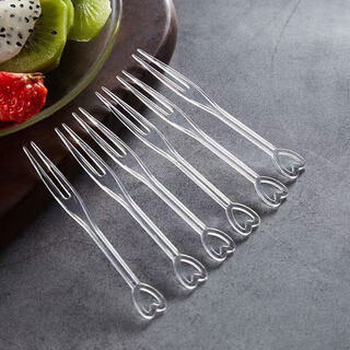 Qinkai disposable fruit fork canned storage box thickened and hardened household portable transparent small fork for stall use bagged about 200 pieces love style
