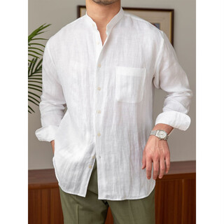 Commuting, casual, breathable pure linen long-sleeved shirt, versatile holiday stand-up collar shirt, men's henry collar top, white m