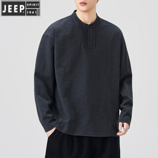 Jeep spirit fashionable and versatile henry collar skin-friendly cotton long-sleeved t-shirt men's spring and autumn new loose casual bottoming shirt sweatshirt jacket dark gray l