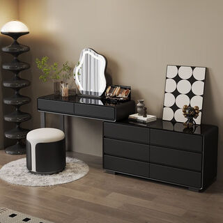 Small apartment solid wood dressing table bedroom modern simple high-end solid wood slate bucket cabinet integrated bedside storage cabinet black - tempered glass surface - six drawers + skirting 100cm table + cabinet + cloud mirror + color matching square stool