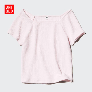 Uniqlo women's textured square neck t-shirt/short sleeve slimming 479585 10 water pink s/155/80a