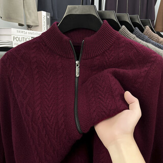 春竹羊毛衫开衫男士2025秋冬新款立领拉链针织衫加厚毛衣外套 酒红色 L 175码 140-160斤