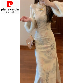 Pierre cardin (pierre cardin) new chinese style design stand collar plate button velvet improved cheongsam dress thick waist waist long skirt cheongsam dress m