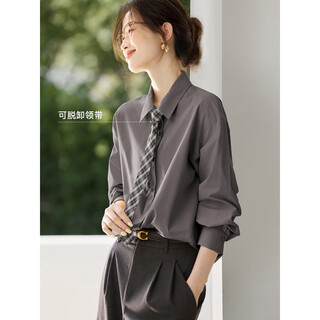 Mohan yimei miu college style shirt 2025 autumn new gray girl plaid tie shirt women gray s