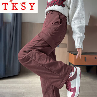 Tksy down pants women's outer wear waterproof winter 2025 new style this year's popular plus velvet thickened straight northeastern cotton pants burgundy 28