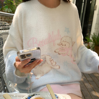 Mori girl tribe sweet style gradient pullover sweater women 2025 new autumn cartoon jacquard design loose top white sweater s model code