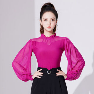 Latin dance top women's new long-sleeved dance practice clothes modern dance national standard dance clothes performance clothes ballroom dance rose red non-piece m m