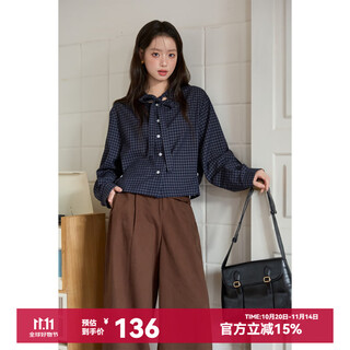 Mystery show navy blue plaid shirt 2025 autumn new women's bow tie waist side button design top navy blue check m