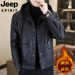 Jeep spirit 2026 men's fake two-piece hooded leather jacket winter plus velvet windproof warm trendy brand handsome leather jacket black removable hood m 90-105jin jin equals 0.5 kg