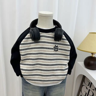 男童春秋装圆领卫衣2024秋款新款中小童条纹百搭插肩袖长袖套头衫 条纹 90 90cm