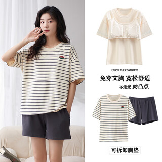 纯棉带胸垫睡衣女夏季薄款圆领可爱短袖短裤全棉居服休闲套装 Q6215 M