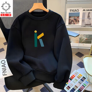Kuraishi kazuki trendy brand pure cotton plus velvet sweatshirt for men 2026 new versatile fashion simple american black warm casual black xl