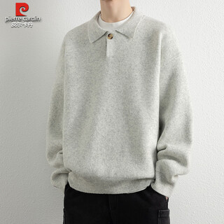Pierre cardin lazy style lapel thickened loose casual sweater men's winter old money style henry collar sweater jacket knitted cloud yarn gray m height 160-165cm weight-120jin jin equals 0.5 kg