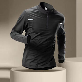 Sports t-shirt men's autumn and winter warm half-zip long-sleeved quick-drying clothing sports training cycling clothing fitness running top v06 winning bid - reflective strip black m m