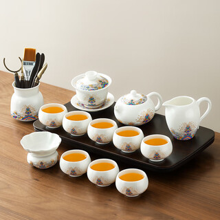 Tangfeng white porcelain tea set set for home office high-end tea making set complete set of teapot teacup tea tray with drainage special for tea making muyu tea tray + white porcelain jiangya xishi pot 13 pieces + tianyuan