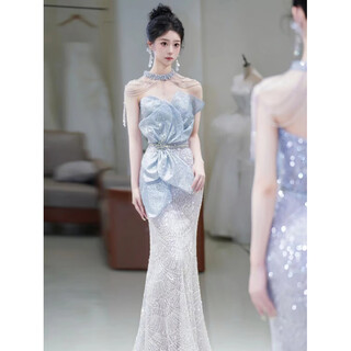 Acjk heavy industry evening dress high-end host banquet temperament shiny blue halter fishtail toast wear bridal feeling gray no necklace m