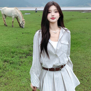 Lugeli dress women's spring and autumn new college style long sleeve dress pure desire french style waist slim pleated skirt striped shirt dress belt m