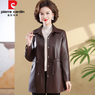 Pierre cardin leather coat for middle-aged mothers, winter fur coat, velvet thickening, fur collar, fashionable, western style, waist slimming, ancola maroon, original high-end single style lining, 5xl 130-145jin jin is equal to 0.5 kg