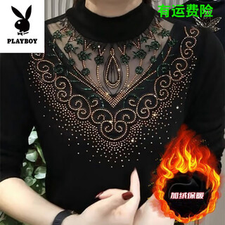 Playboy (playboy) velvet/non-velvet new autumn and winter large size lace bottoming shirt for women long-sleeved high-neck t-shirt with warm top, velvet and thickened-no. 1 apple blossom diamond style (winter 3xl 125-135jin jin is equal to 0.5 kg