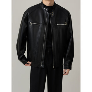 Falling men's new leather jacket stand collar fashionable loose design trendy casual spring and autumn top jacket men black m