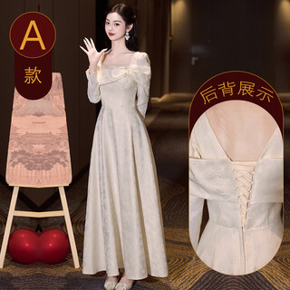 Vimadtly bridesmaid dress for women 2025 autumn and winter new champagne long-sleeved sister group dress small people can usually wear k series champagne jacquard-a long s _80-100jin jin equals 0.5 kg