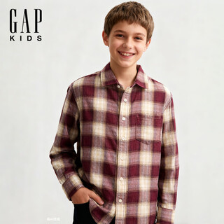 Gap boys 2025 autumn new cotton flannel plaid lapel shirt children's clothing us version 819211 maroon plaid 140/72 (10-11 years old)
