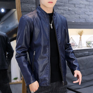 芒芒秋冬男皮衣小码XS休闲皮夹克帅T青年男装加绒修身外套155矮小个子 宝蓝色8961 加绒 XS 加小码