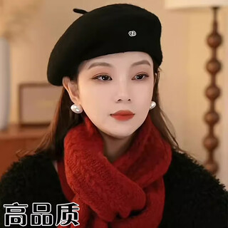 Xiaohongshu’s popular korean style warm beret hat for women in spring and autumn, fashionable and stylish, showing face, little painter, black m (56-58cm), one size fits all