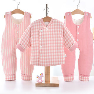 宝宝手工棉衣冬季纯棉花加厚婴儿包脚三件套套装棉袄棉裤保暖 粉色三件套露脚 66 66码2-4个月59--66cm