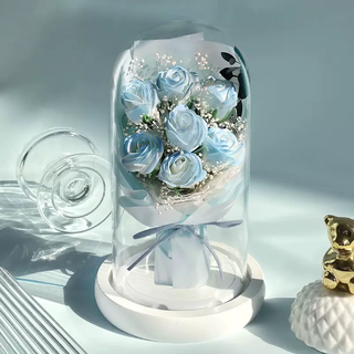 Crushed ice blue glass cover with eternal flower soap bouquet, roses and baby's breath, chinese valentine's day gift for boyfriend and girlfriend, graduation day gift 4012-5 crushed ice blue rose