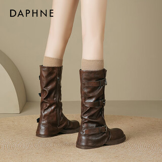 Daphne brown boots women's 2025 new retro pile leg boots maillard mid-calf western cowboy boots