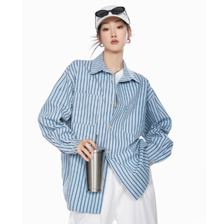 Ich mode american retro striped shirt women's autumn and winter new long-sleeved inner loose lazy blue shirt top blue xl