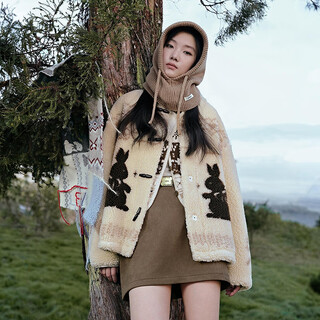 Leding fur coat winter new thickened horn button imitation lamb wool stand-up collar coat cream rice (ready in stock) xs